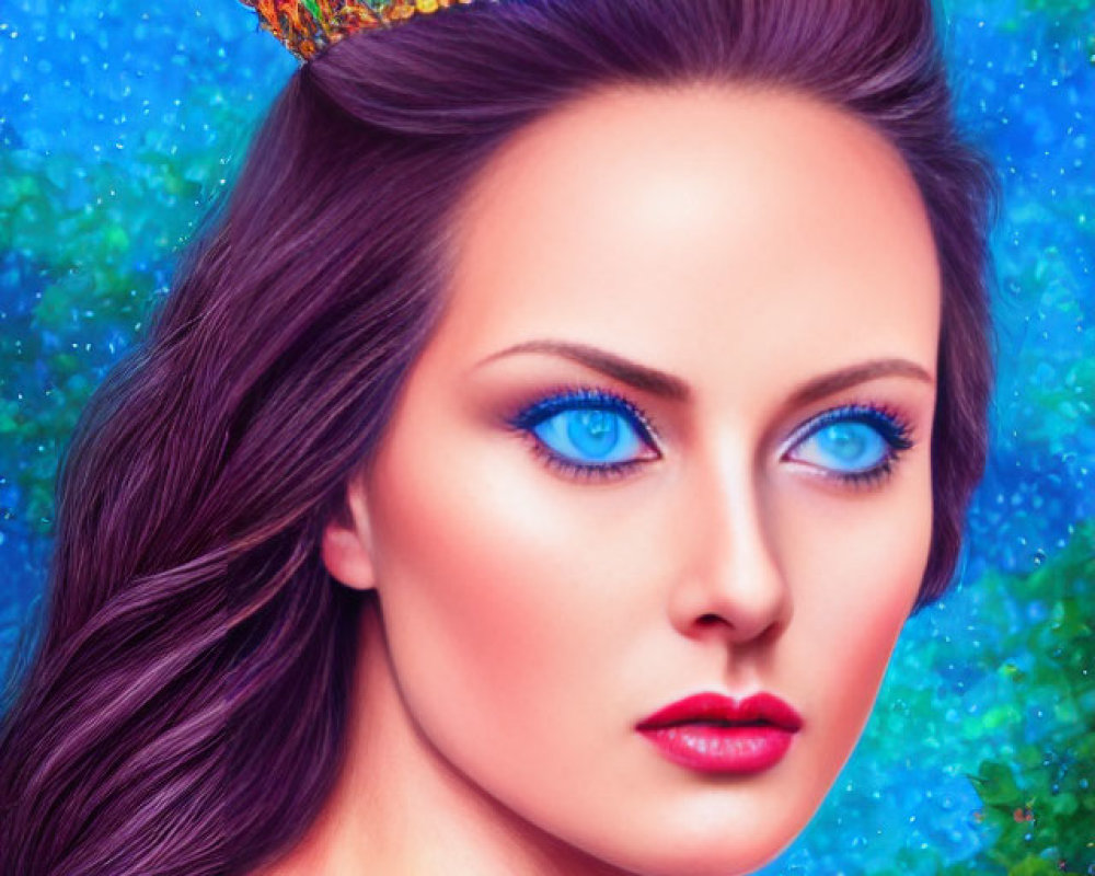 Vibrant blue-eyed woman with floral crown and plant-like details on shoulders.