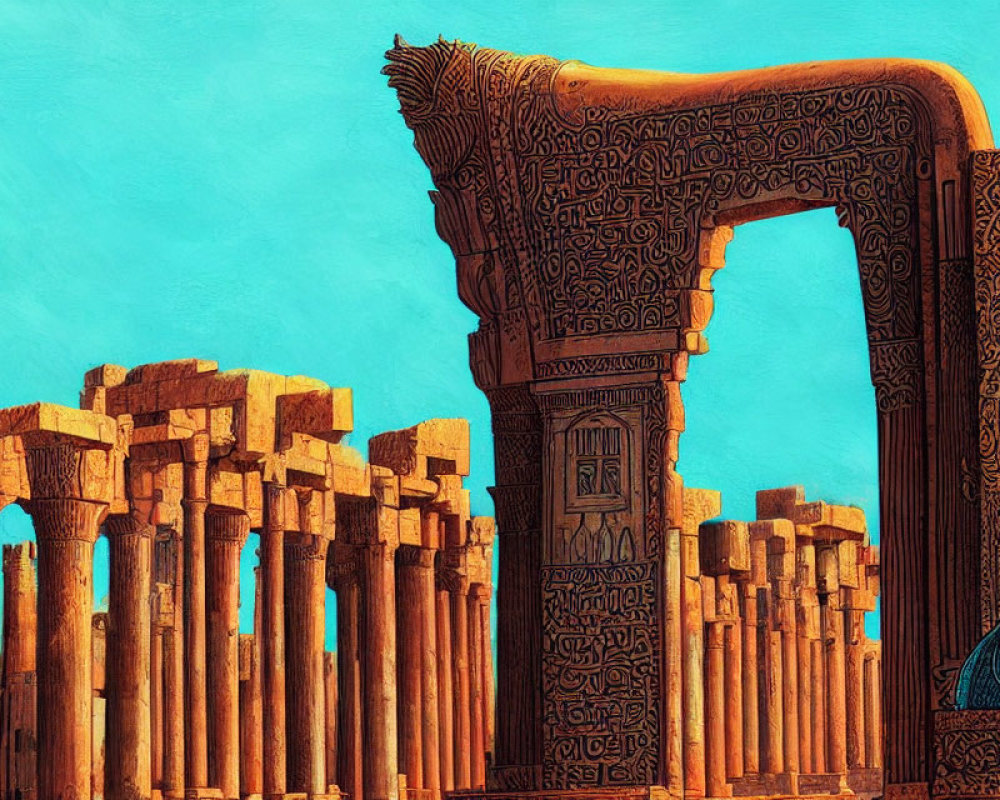 Ancient Egyptian temple ruins with hieroglyphic-carved columns under a clear blue sky