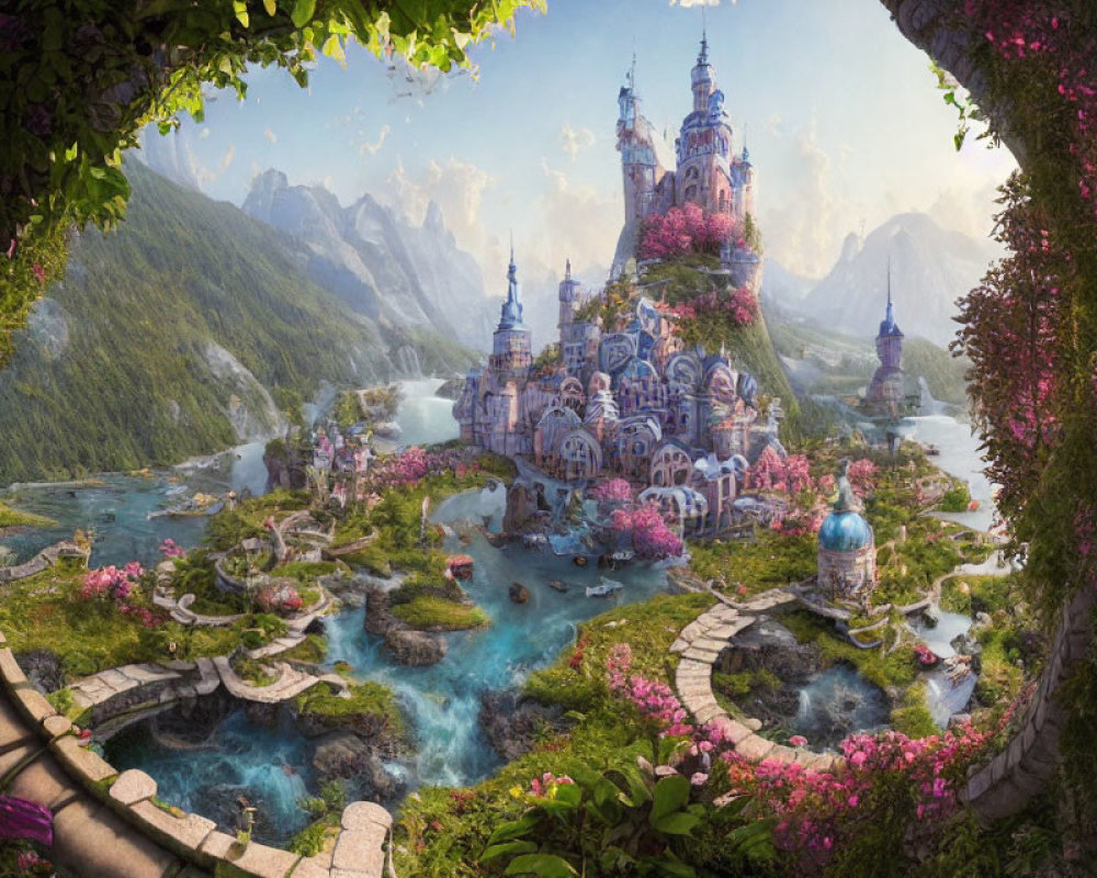 Majestic pink castle in vibrant fantasy landscape