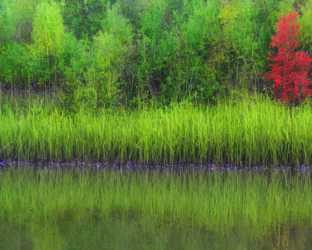 Vibrant wetland vegetation and red tree reflected in water