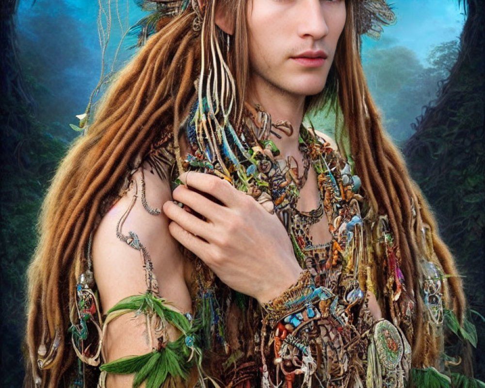 Person with dreadlocks and ornate jewelry in mystical forest.