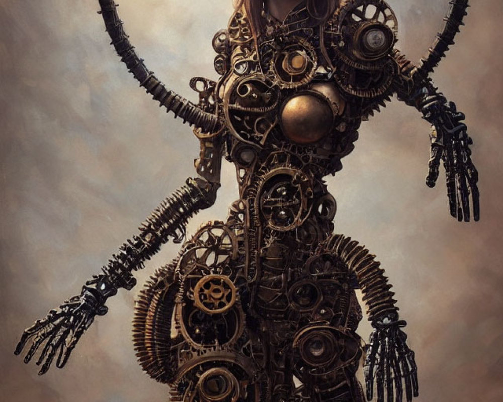 Steampunk-inspired female robot with intricate gear mechanisms and halo-like gear above head, blending Victorian and