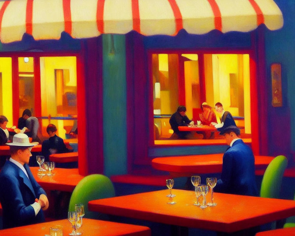 Colorful painting of a restaurant interior and outdoor seating contrast.