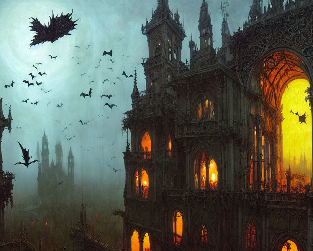 Gothic-style Architecture with Illuminated Windows and Silhouetted Bats