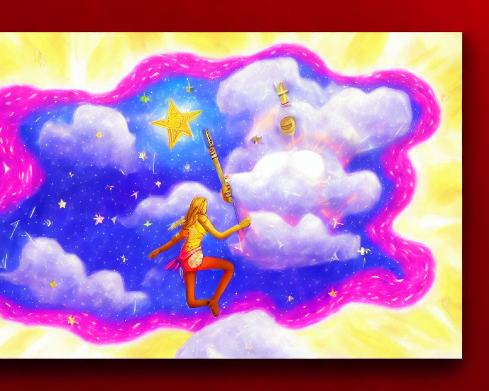 Whimsical girl with wand in celestial setting