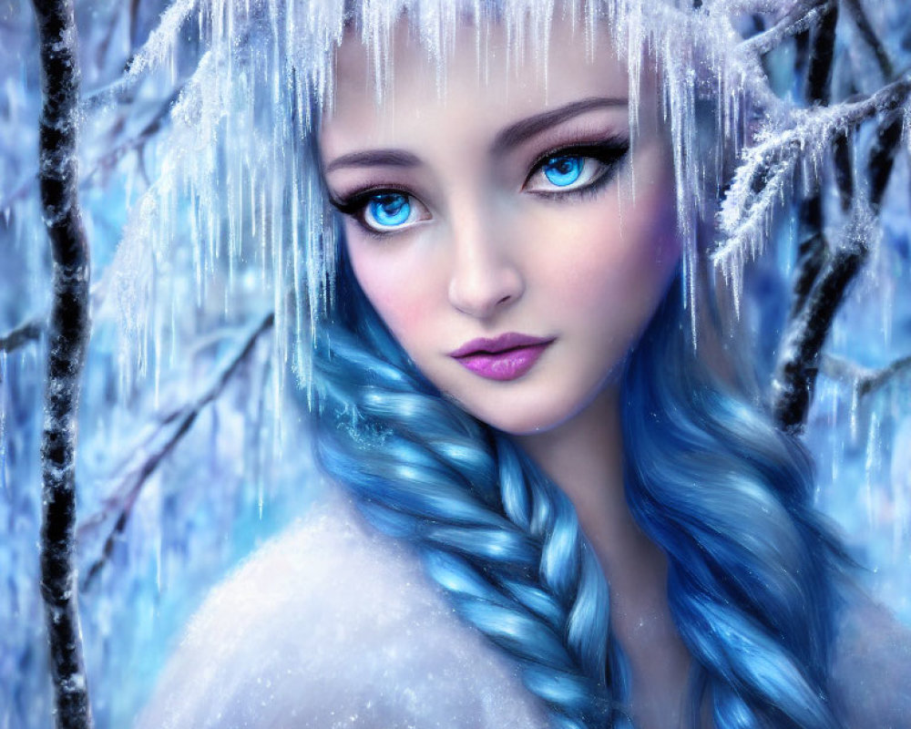 Blue-haired woman in digital portrait amidst icy branches and icicles