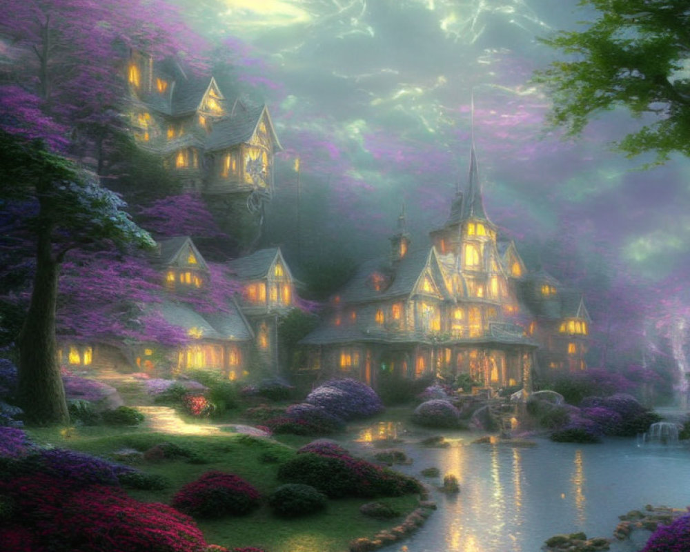 Fantasy landscape with fairytale cottage, purple-flowered trees, serene stream.