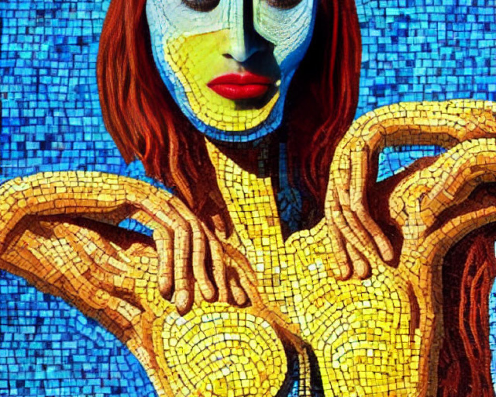 Colorful mosaic artwork featuring red-haired figure with mask-like face on blue background