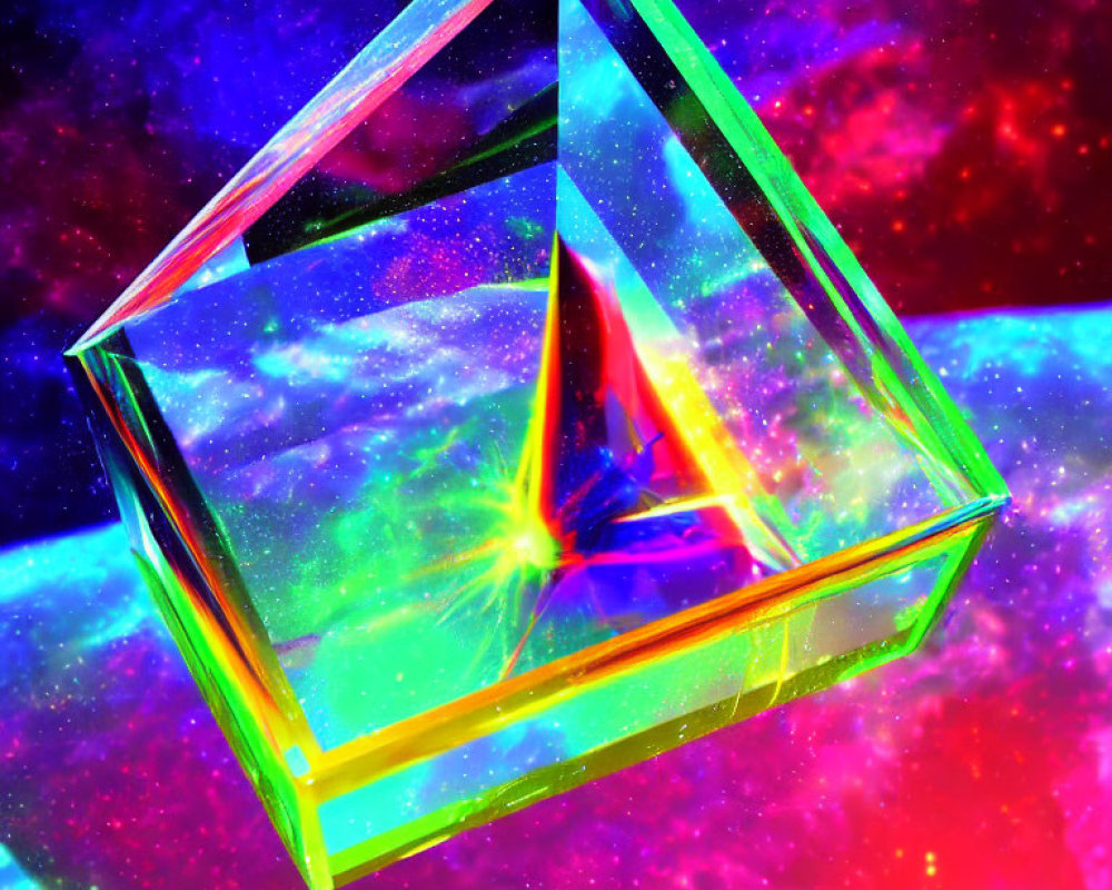 Colorful Glass Pyramid Reflecting Light in Cosmic Background