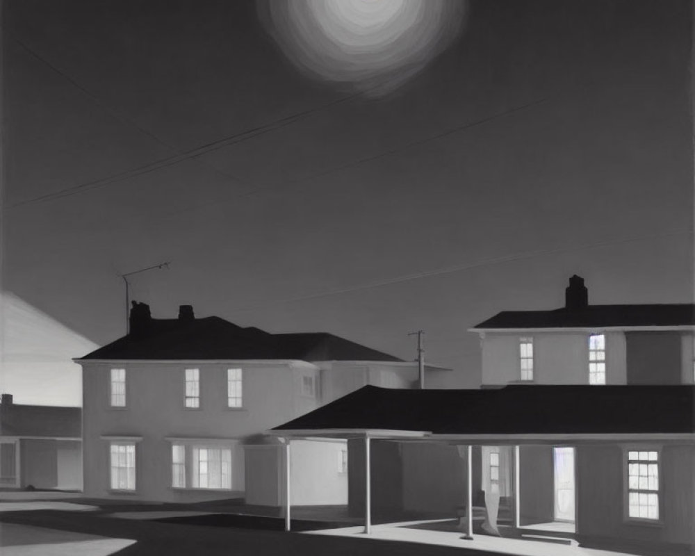 Monochromatic night scene: houses, bright moon, sharp shadows, and a single lit window.