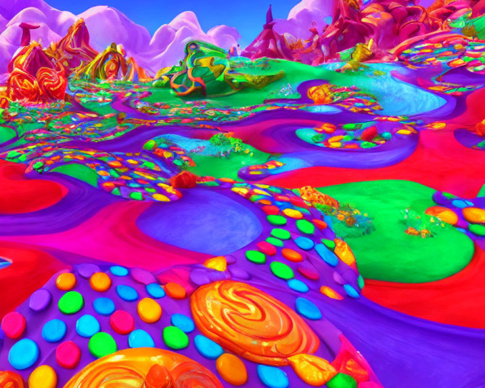 Colorful Whimsical Landscape with Rivers and Candy-Like Textures