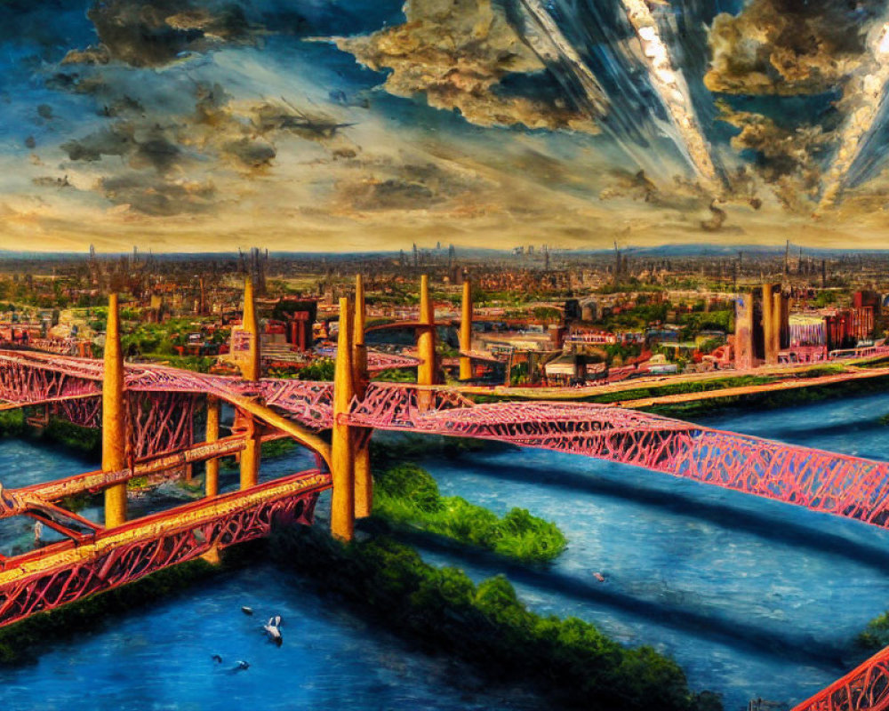 Colorful cityscape painting with red bridges over blue river and dramatic sky.