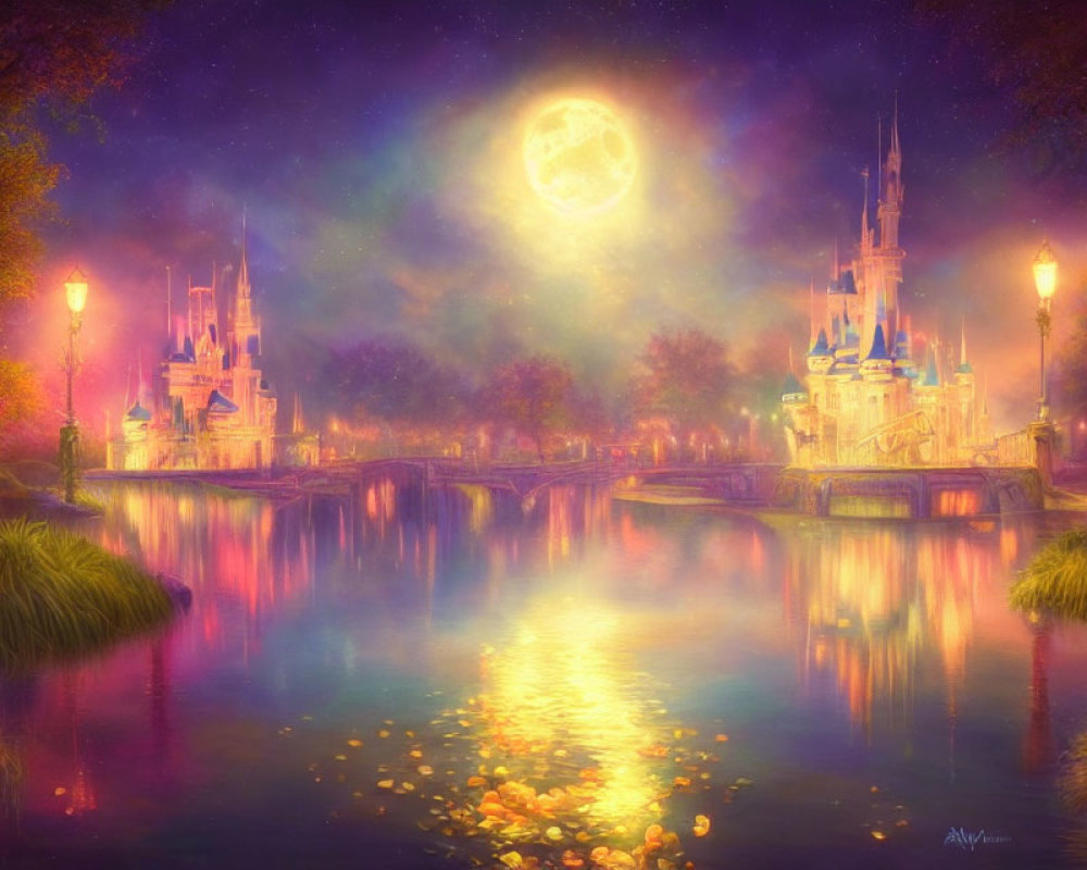 Enchanting castle scene under full moon with glowing lanterns