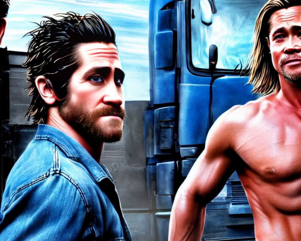 Stylized men by a truck: one with dark hair and beard, the other with long blond