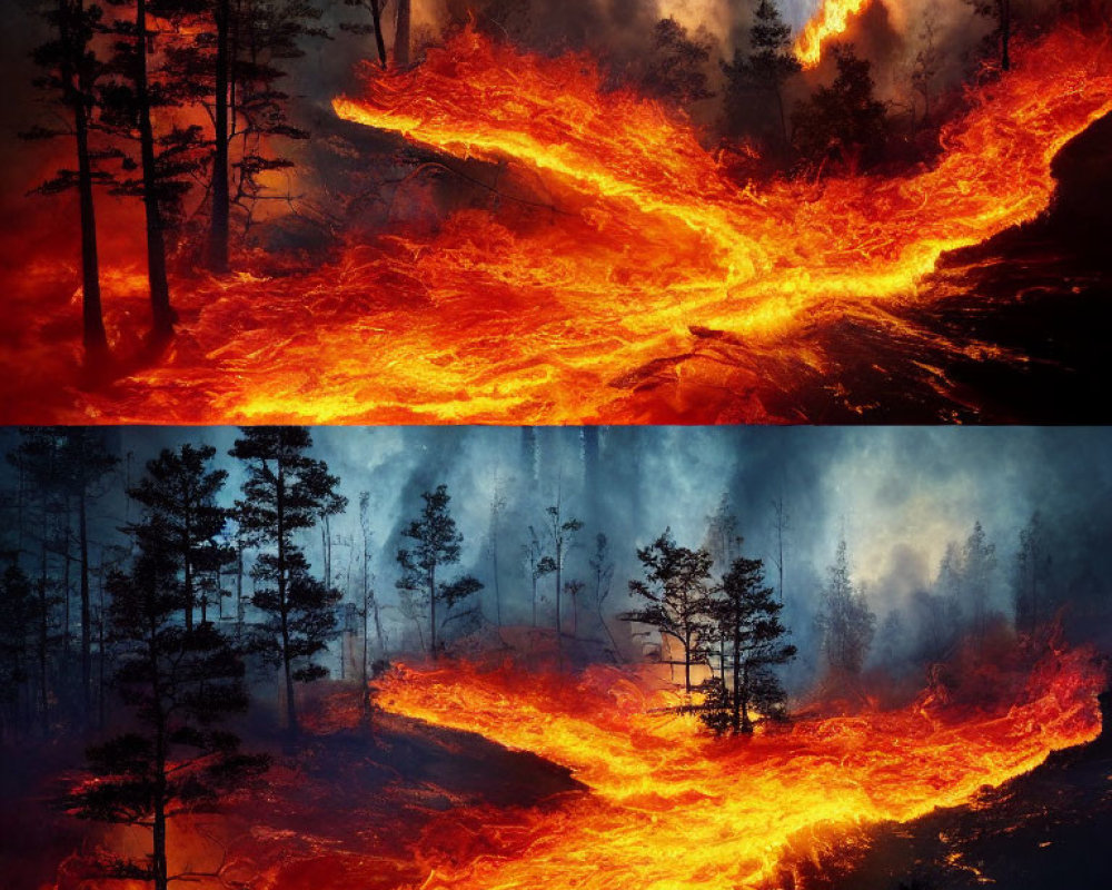 Forest Fire: Vivid Image of Fierce Flames Engulfing Trees and Smoldering Ground