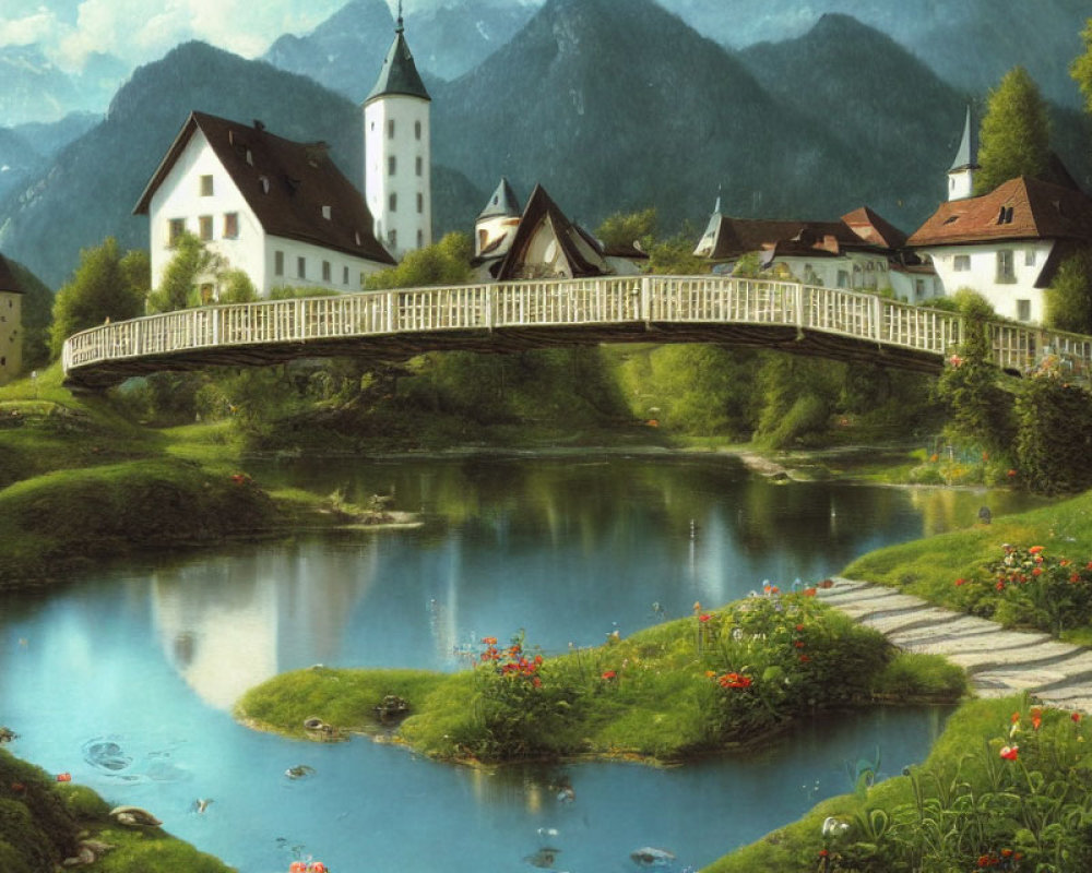 Tranquil white church by river with bridge and mountains