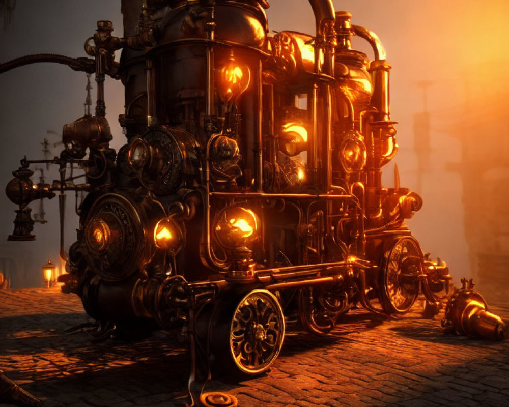 Intricate steampunk machine with glowing lights in industrial setting