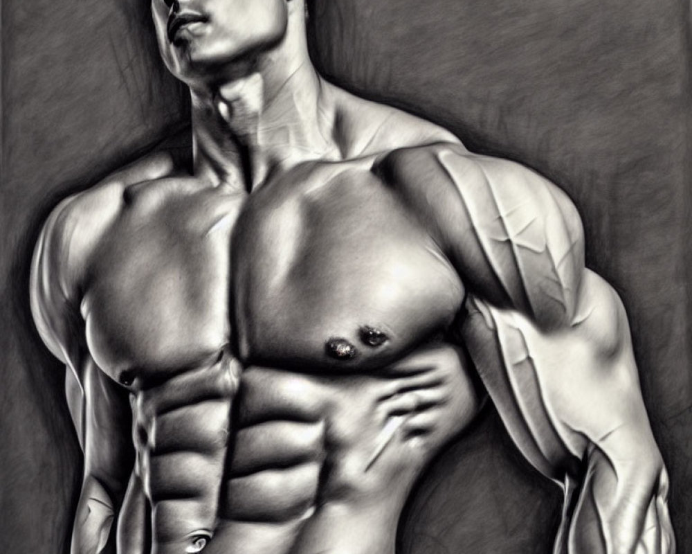 Detailed grayscale drawing of muscular man posing with bent arm