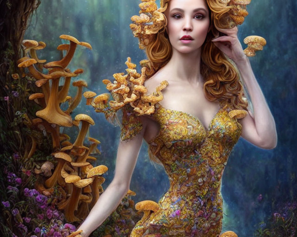 Woman in nature-inspired dress with mushroom and floral designs in magical forest