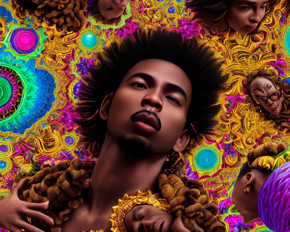 Colorful surreal artwork featuring person with afro and floating heads