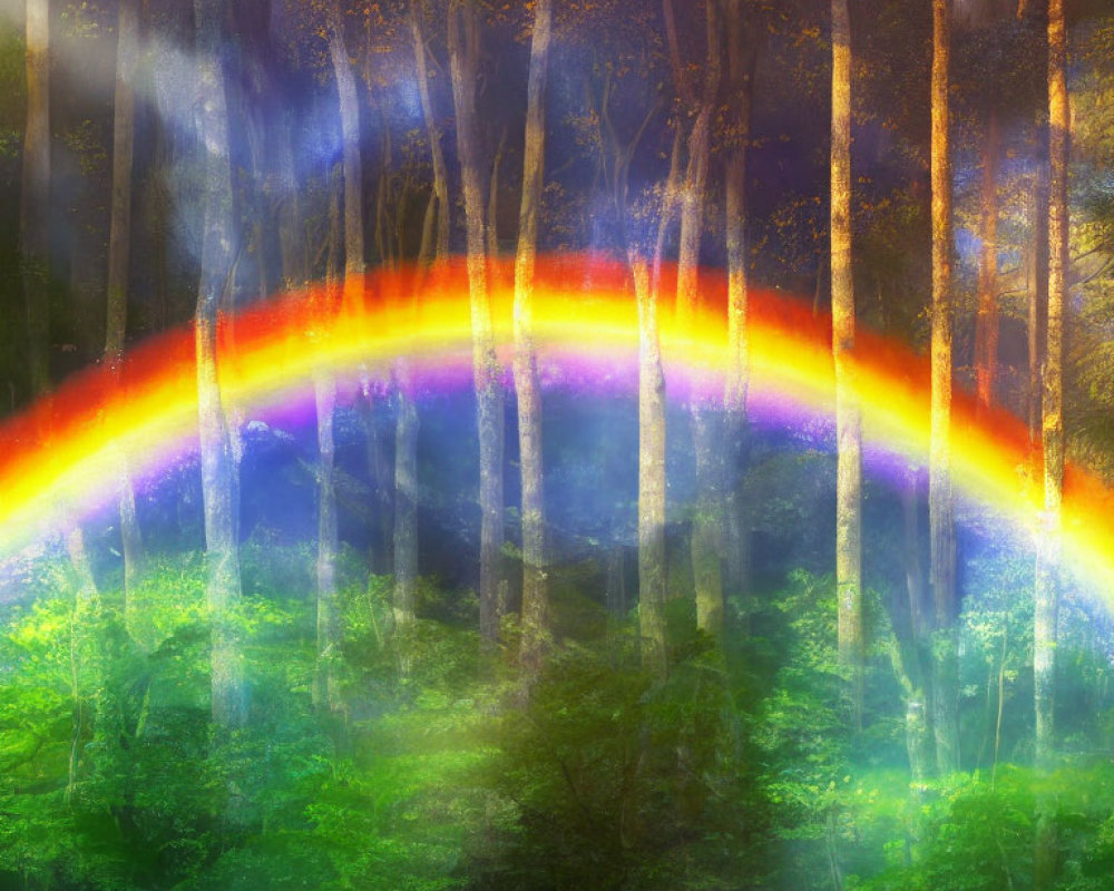 Rainbow in Misty Sunlit Forest with Tall Trees and Green Undergrowth