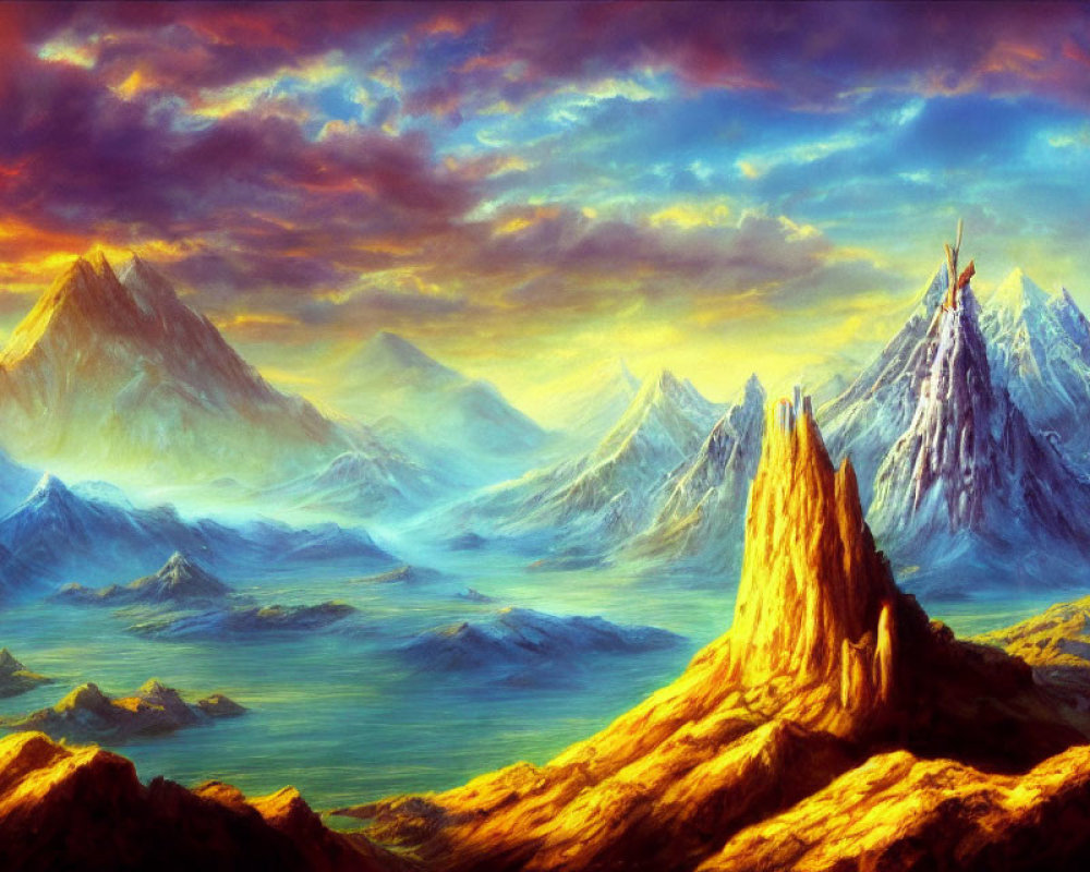 Colorful Mountain Landscape Painting with Misty Water Scene