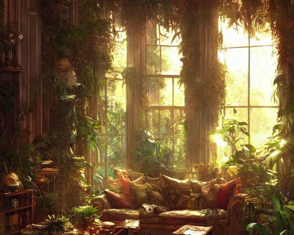 Sunlit Room with Lush Plants, Comfy Couch, Books, and Warm Ambiance