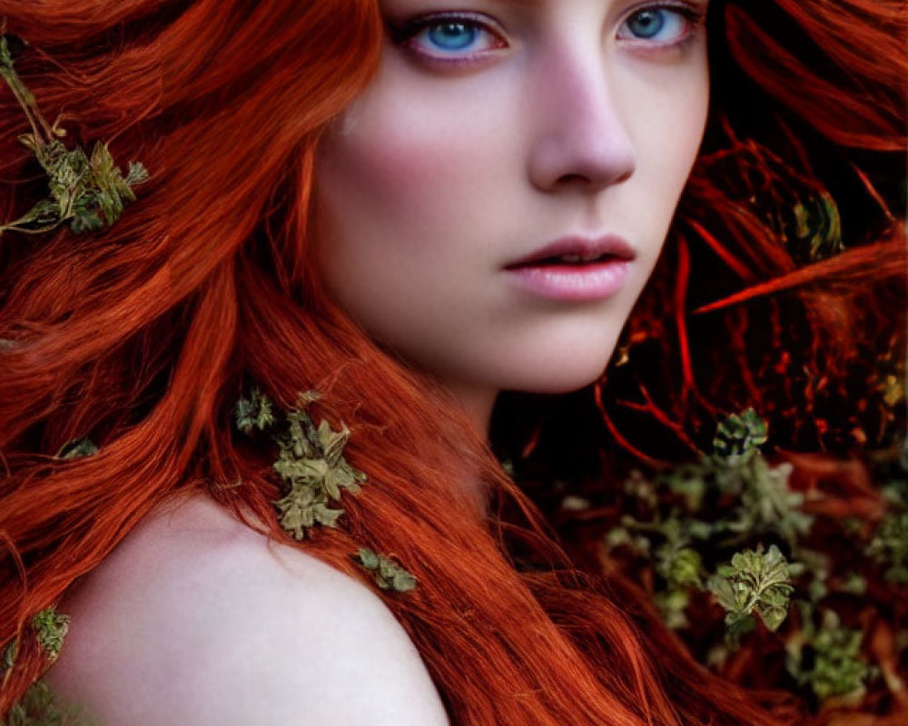 Vibrant red-haired woman with blue eyes in nature-themed portrait