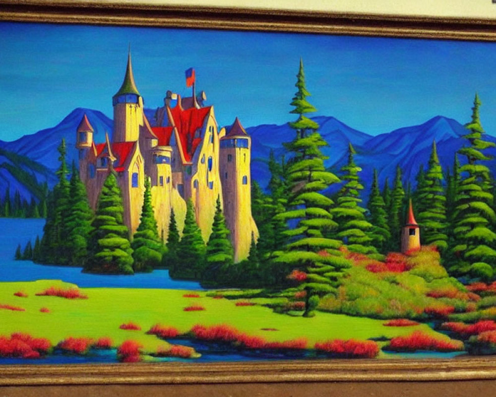 Colorful Fairytale Castle Painting in Forest with Mountains and Lake