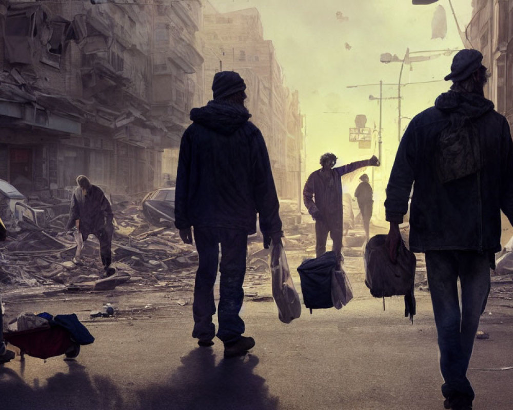 Desolate, war-torn city street with three people and debris