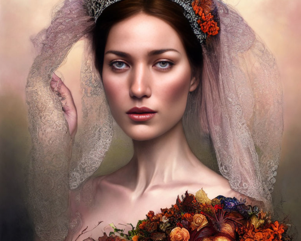 Portrait of woman with floral crown and bouquet in warm tones and lace veil details