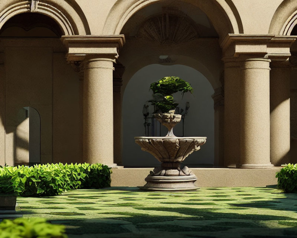 Stone Fountain, Topiary Plant, Arched Doorways in Sunlit Courtyard