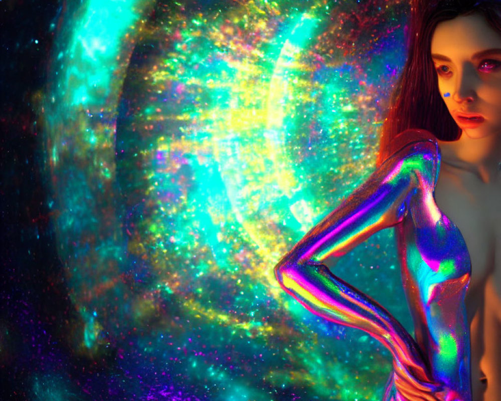 Iridescent body paint woman in cosmic background