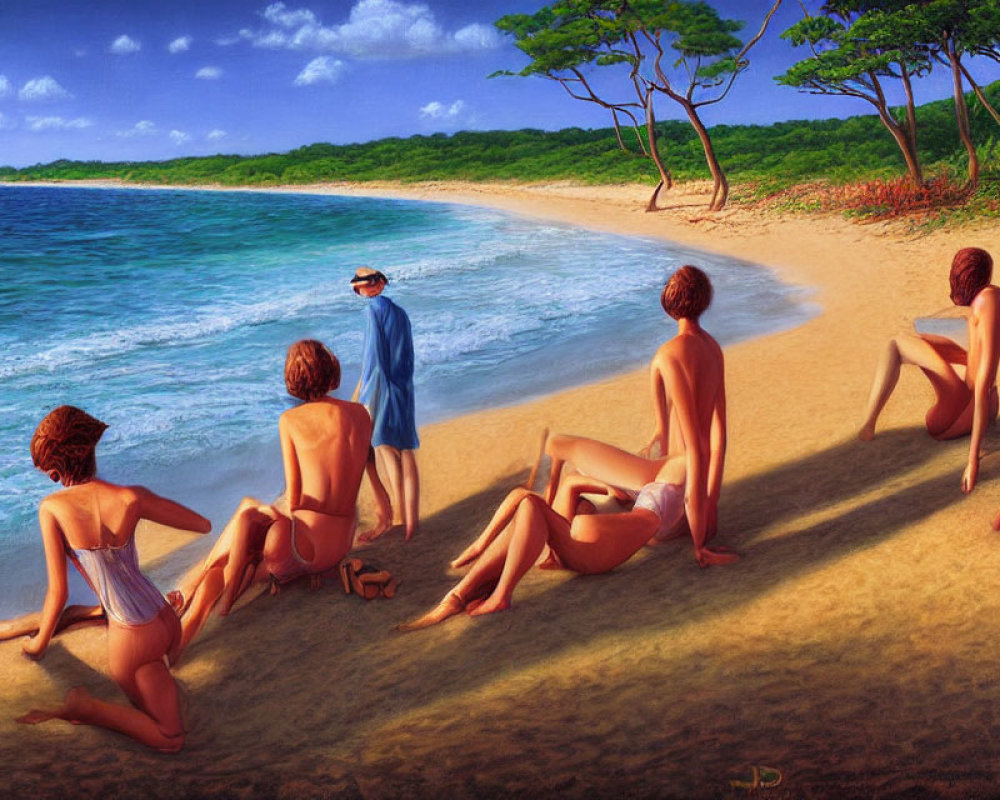 Five Figures in Swimsuits on Beach, One Standing, Four Seated