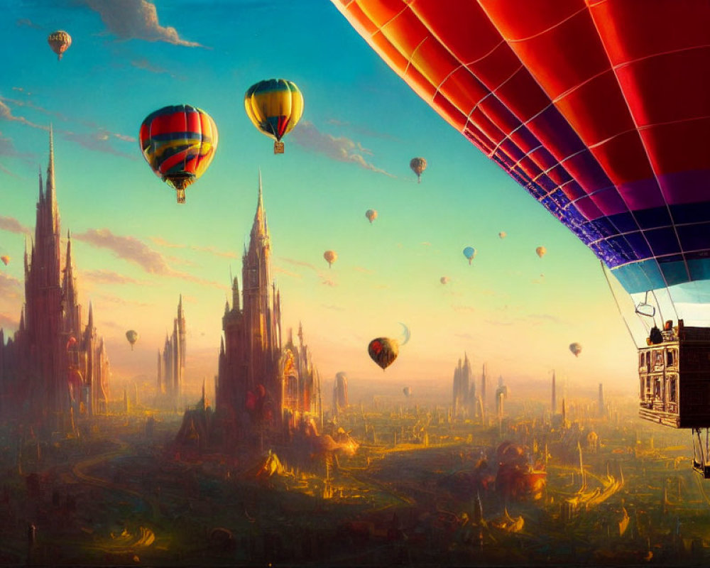 Vibrant hot air balloons over fantasy landscape with spire-topped towers