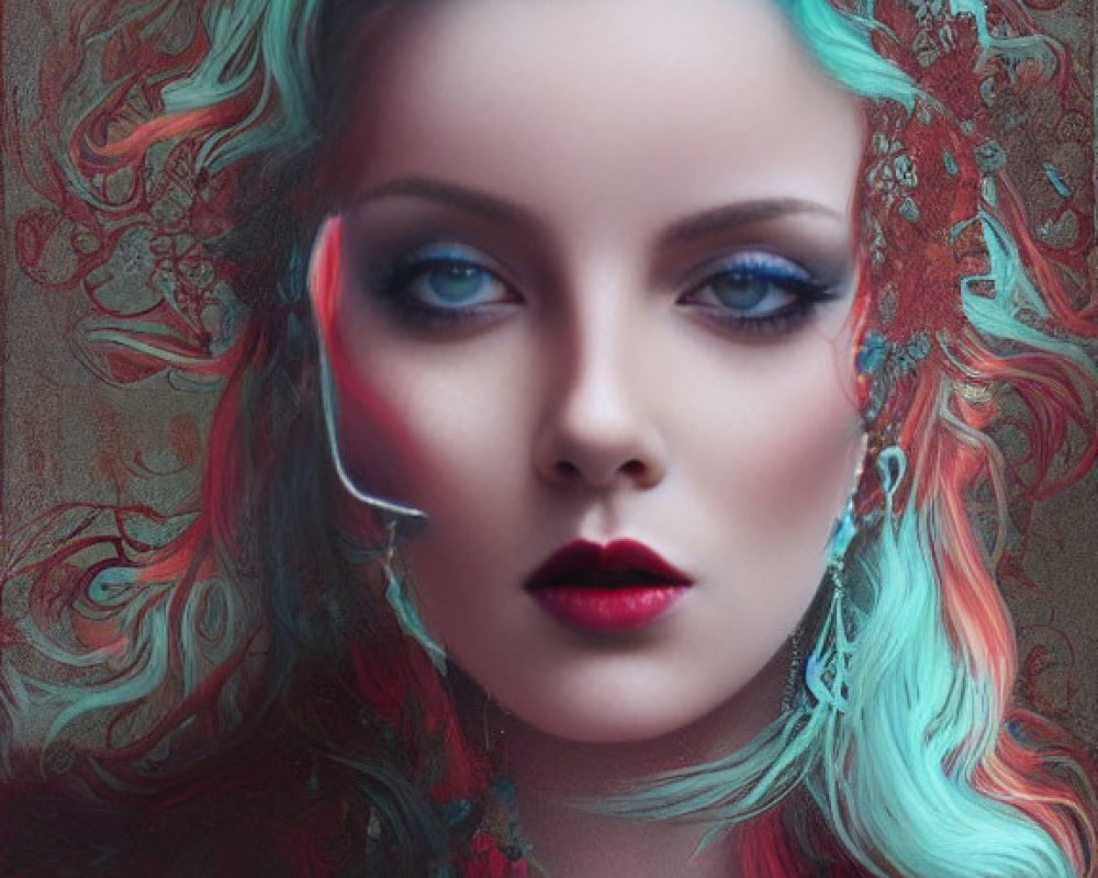 Surreal digital portrait of woman with teal hair and intricate red designs