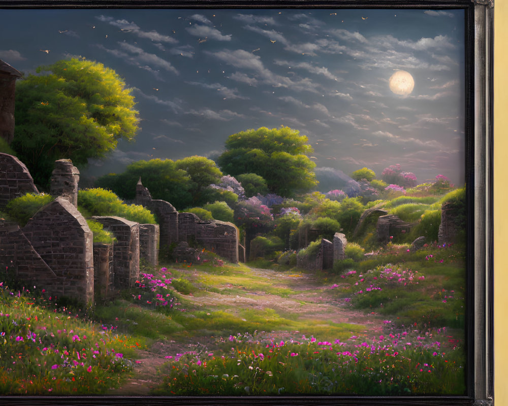 Moonlit landscape painting with ruins, blossoming tree, and wildflowers under starry sky