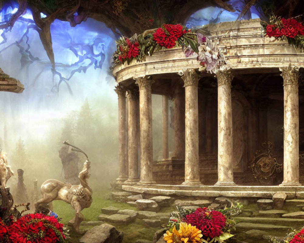 Ancient circular temple with red flowers in misty forest