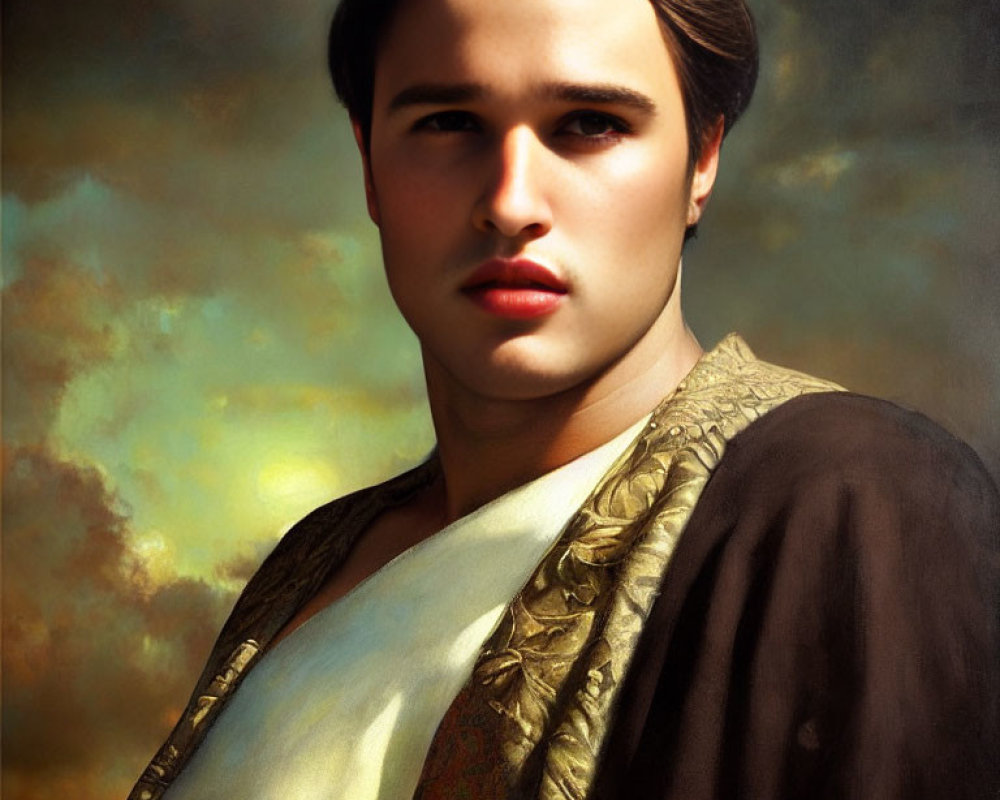 Young man in historical costume with golden collar against cloudy sky.