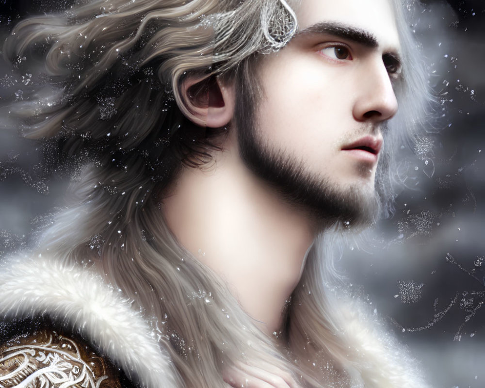 Illustrated portrait of man with silver hair and beard in fur and ornate armor in snowy setting