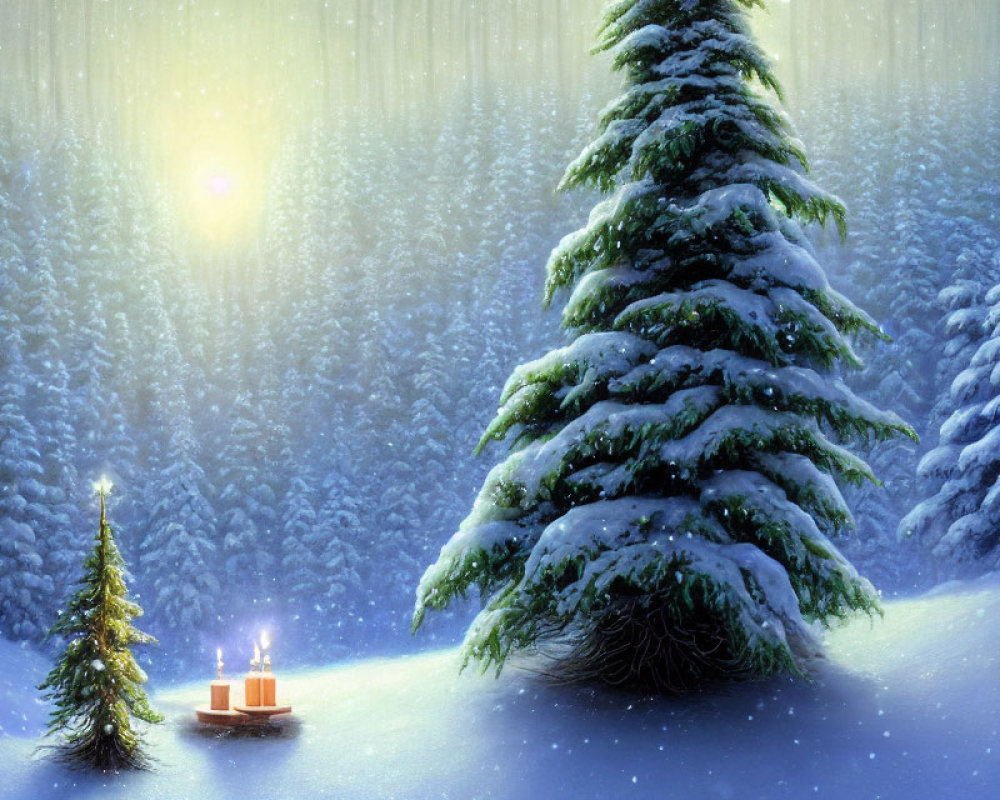 Snow-covered fir trees under starry sky with lit candles on sled