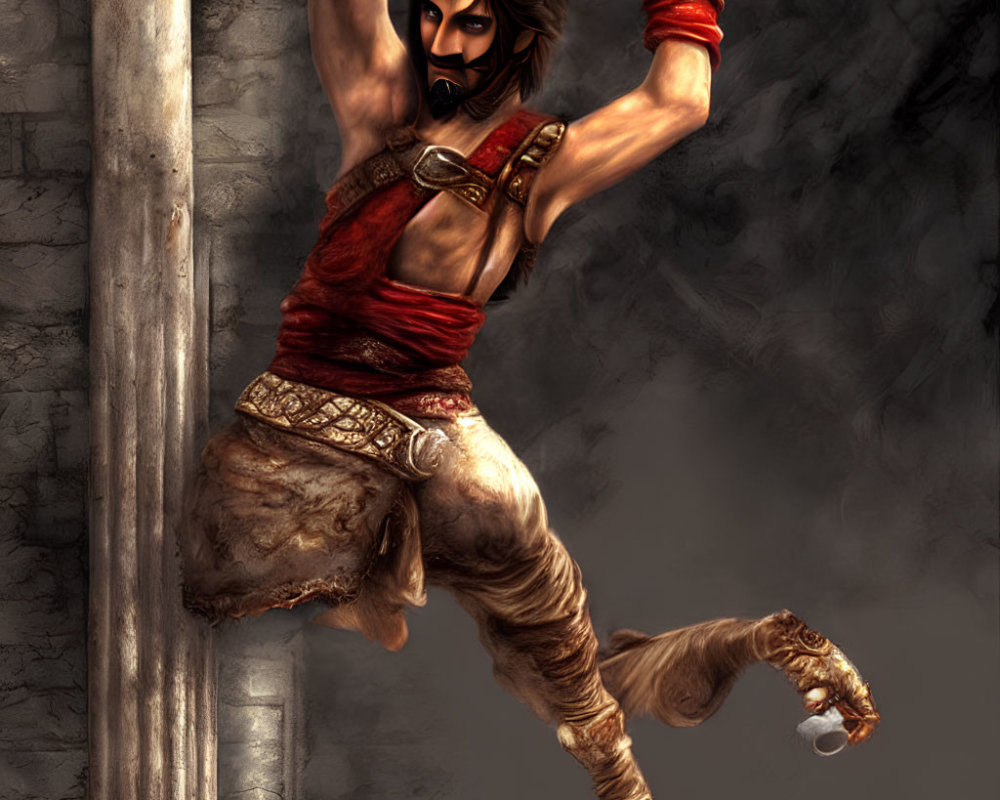 Mustached animated character in headband leaps by stone pillar in brown pants.