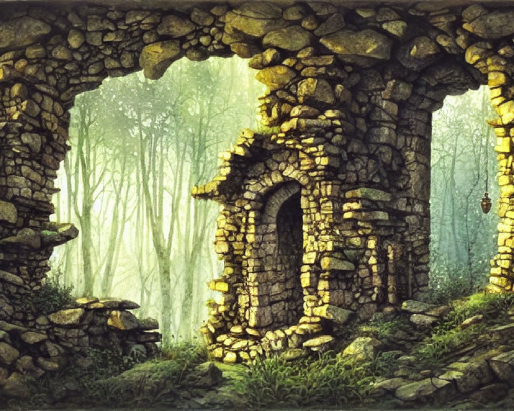 Enchanted forest painting with overgrown stone archway and ruins