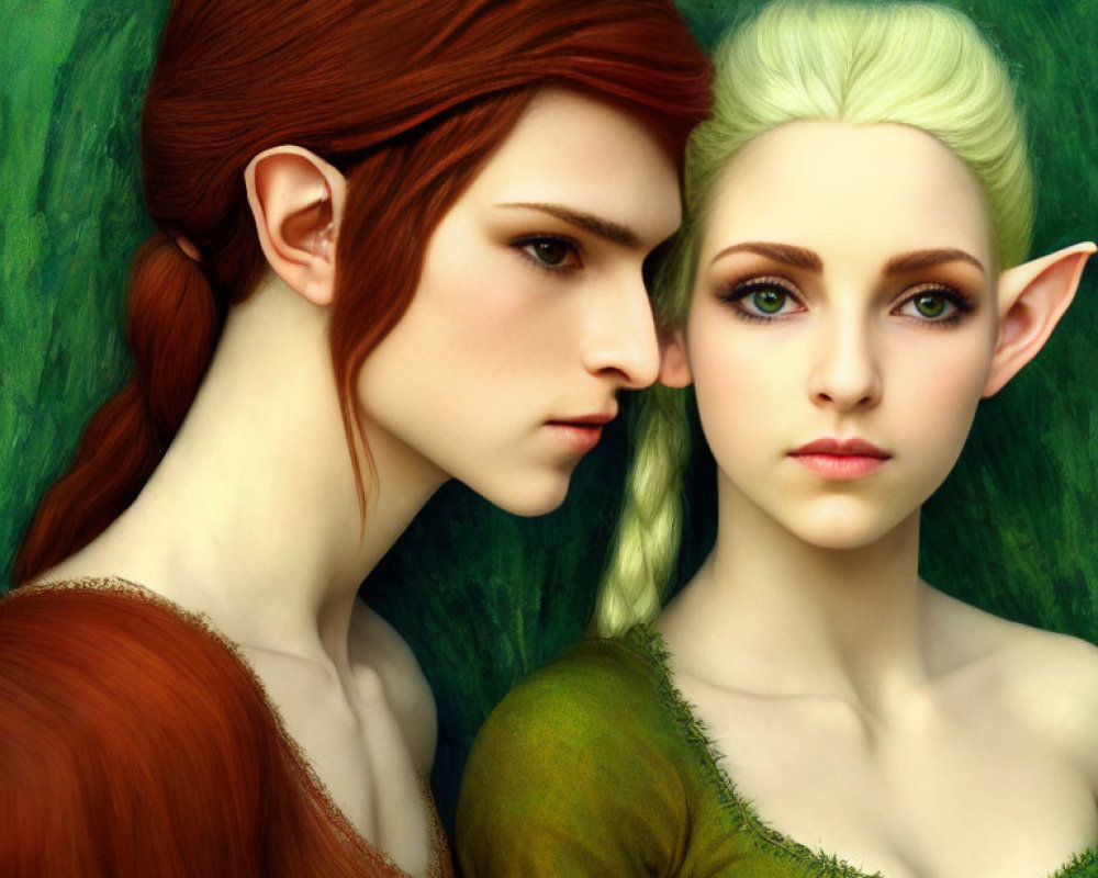 Fantasy elves with sharp ears in close pose on green backdrop