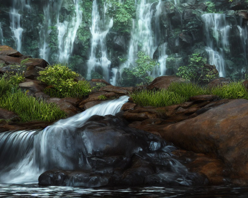 Tranquil pool with cascading waterfalls and lush greenery