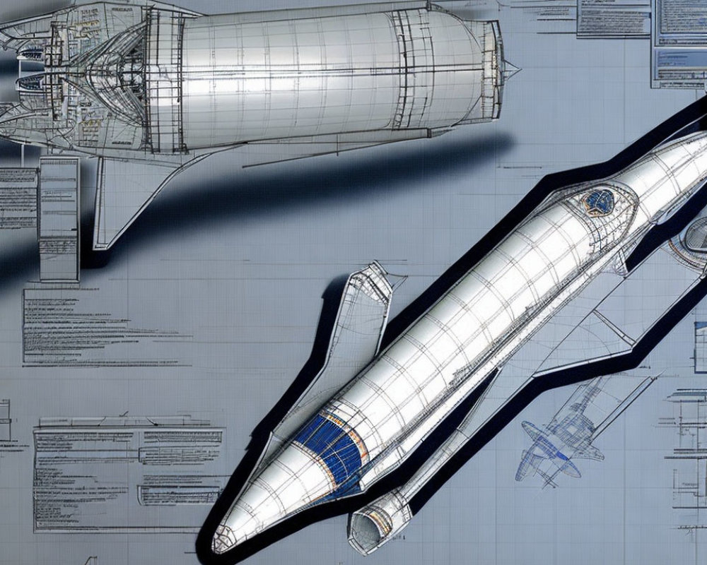 Rocket Blueprint Design with Side and Cross-Sectional Views on Blue Background