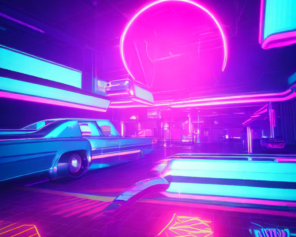 Futuristic neon-lit interior with classic car and cyberpunk elements