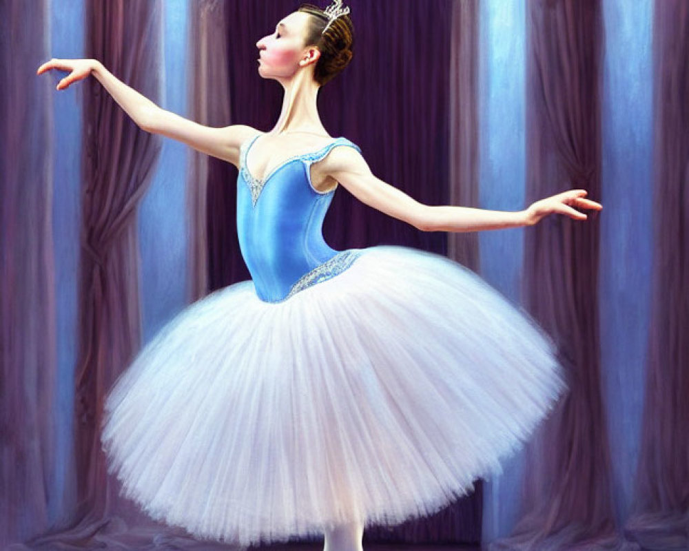 Ballerina in Blue Tutu on Pointe Against Theatre Curtains