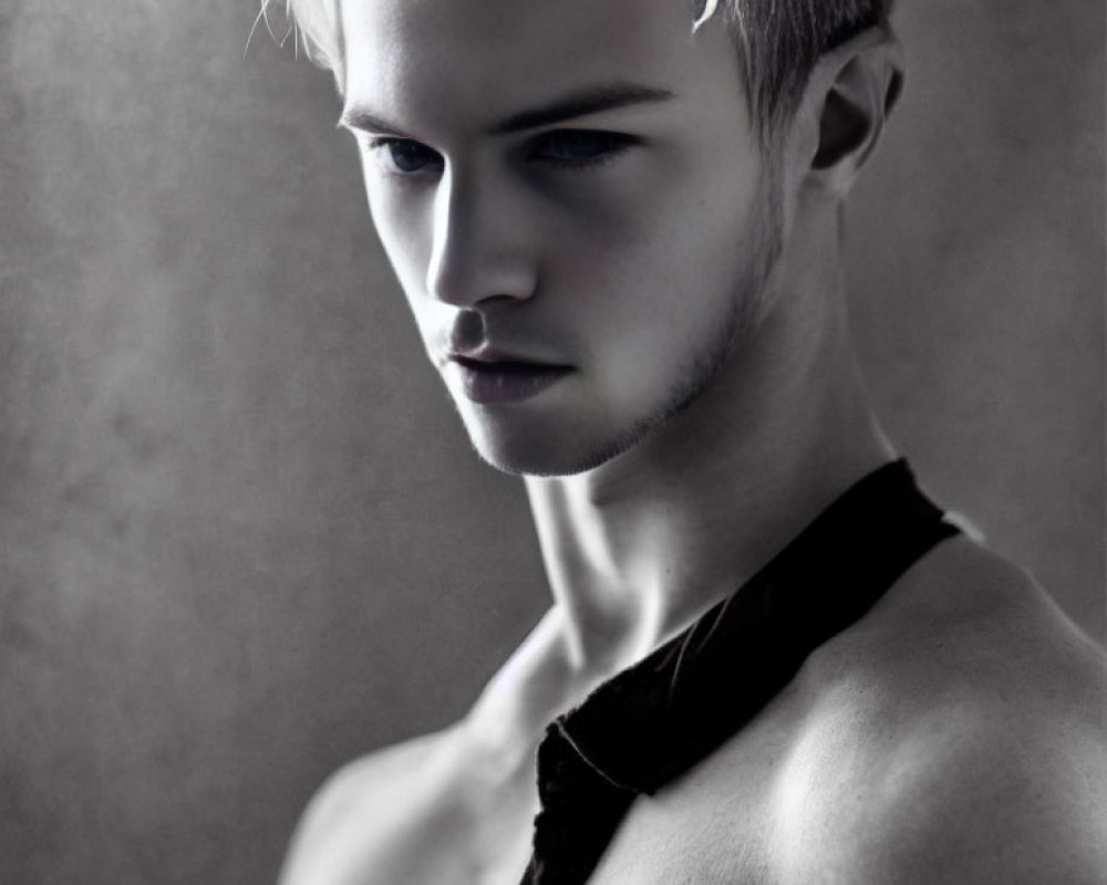 Monochrome portrait of young man with blond hair in pensive expression