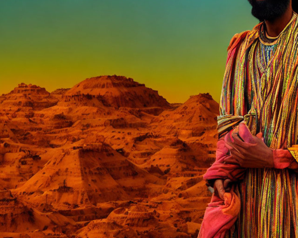 Bearded man in traditional robes against desert sunset.